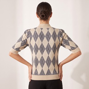 Fine-Knit <b>Argyle</b>-Patterned <b>Sweater</b> with Short Puff Sleeves, High Ribbed Collar, One Size Fits Sizes 36–42 - Product Image 2