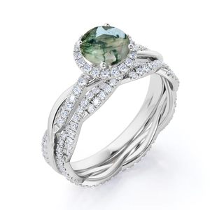 925 Sterling Silver <b>Moss</b> <b>Agate</b> and Moissanite Bridal <b>Ring</b> with Environmental Friendly Classic Design for Wedding & Engagement - Product Image 2