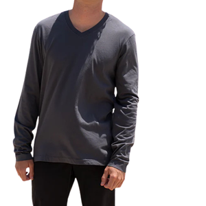 <b>Men</b> Dark <b>Grey</b> 100% Luxury Organic Cotton V Neck T <b>Shirt</b> Pre Shrunk GOTS Certified Premium Long Sleeve Breathable Fit Tee - Product Image 5