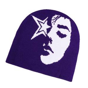 Venta al por mayor bajo MOQ mejor precio Jacquard All Over Print Letters gráfico Top Tier Beanie Cuff less Knit Hat - Product Image 6