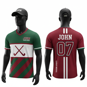 Camiseta de Hockey sobre Césped para Hombre, 150 GSM, Malla de Poliéster Transpirable, Diseño de Paneles Verde, Rojo y Blanco, Logotipo del Equipo Personalizado por Sublimación - Product Image 1
