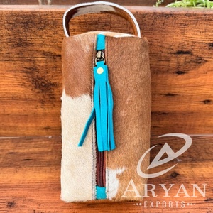 Nouveaux cheveux faits à la main sur peau de vache Turquoise gland trousse de toilette pour femmes Western en cuir véritable sacs à cosmétiques pour le stockage de maquillage - Product Image 1