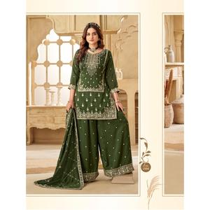 Conjunto tradicional de seda Vichitra, hermoso bordado de lentejuelas, diseñador de trabajo, ropa de fiesta, recién lanzado, corto Kurti Palazzo indio - Product Image 1