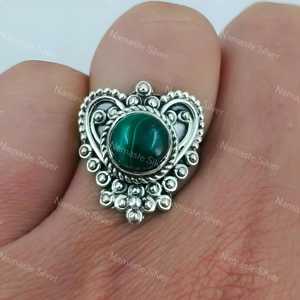 925 Sterling Silver Malachite <b>Ring</b> Handmade Boho <b>Statement</b> Jewelry with Gemstone Inlay Eye Shape Pattern Perfect Gift for Women - Product Image 2