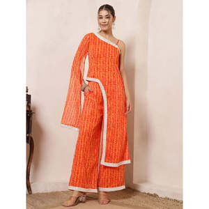 Ensemble coordonné en mousseline de soie imprimé feuilles <span class=keywords><strong>orange</strong></span> pour femme, <span class=keywords><strong>tunique</strong></span> asymétrique à une épaule avec pantalon palazzo, style indo-occidental - Product Image 6