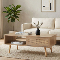 Table basse coulissante en rotin naturel avec pieds en bois massif, table centrale de rangement en MDF de 41,34 pouces pour salon et bureau