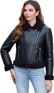 Women’s Faux Shearling Winter Coat – Breathable PU Leather <b>Jacket</b> Warm <b>Zip</b>-<b>Up</b> <b>Jacket</b> - Product Image 5