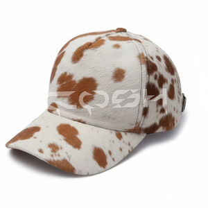 Gorra de béisbol unisex de cuero con pelo de vaca marrón y blanco - Product Image 1