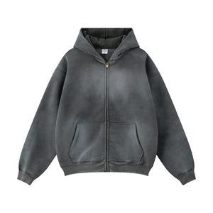 Sweat à capuche court de luxe en polyester/coton pour homme, délavé au soleil, épaules tombantes, effet vieilli, délavé à l'acide, fermeture éclair, grande taille, uni teint - Product Image 1