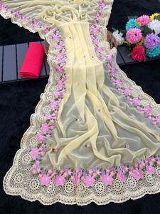 Bollywood Style coupe bordure travail longue longueur pré drapé doux Georgette tissu Un point Saree Blouse pour vêtements pour femmes - Product Image 4