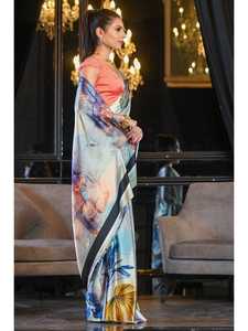 Lo último en blusa étnica de diseñador Sare de seda satinada con estampado de Bollywood indio, ropa de boda de fiesta de lujo exclusiva para mujeres y niñas - Product Image 3