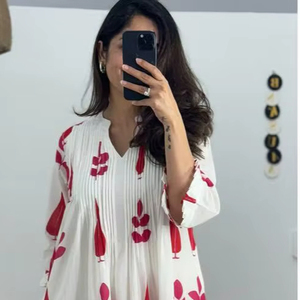 Conjunto de Salwar de Algodón con Estampado de Bloques para Mujer, con Pantalones, Blanco y Rojo, Ropa Étnica de Secado Rápido para Uso Diario Informal - Product Image 1