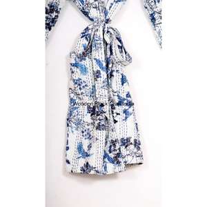 Veste kimono pour femme en coton biologique 100% - Fabriquée à la main - Quilted Kantha - Tissu tricoté écologique - Fermeture à ceinture - Product Image 6