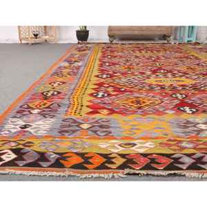 Tapis vintage, tapis turc surdimensionné 6,6x11,1 pieds, tapis en laine rouge Ikat - Product Image 5