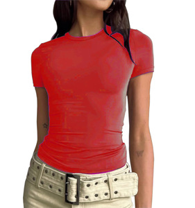 T-<span class=keywords><strong>shirt</strong></span> décontracté <span class=keywords><strong>à</strong></span> manches courtes pour <span class=keywords><strong>femme</strong></span>, style urbain, coupe ajustée, couleur unie, automne, prix d'usine Chine, logo personnalisé brodé, Bangladesh - Product Image 1