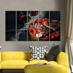 Obra de arte impresa en lienzo: decoración moderna para cocina con temática de vino y carne, JUEGO DE 5 LIEÑOS - Product Image 1