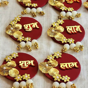 Velours MDF Bois Subh Labh Temple Indien Toile de Fond avec Bouton de Porte Accessoire Décor Suspendu pour les Cérémonies de Mariage et de Fête - Product Image 1