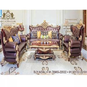 Classique Brun En Cuir Touffetés 7 Places Canapé Ensemble Pour La Maison Qualité En Bois Sculpté Canapé Ensemble de Haute Qualité En Teck Bois Dessin Chambre Canapé - Product Image 1