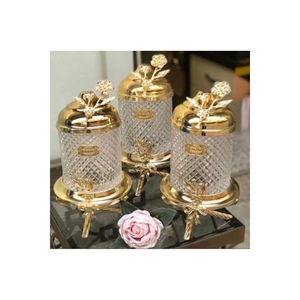 Juego de 3 Frascos de Cristal Amarillo de Lujo con Base de Latón Dorado, Botellas de Almacenamiento de Alimentos de 1 Litro - Product Image 1