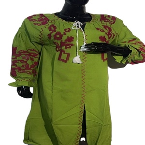 Robe élégante pour femme, style africain, en lin 100%, longueur genou, avec broderie musulmane, dentelle à pois, manches en maille à demi-volants - Product Image 1