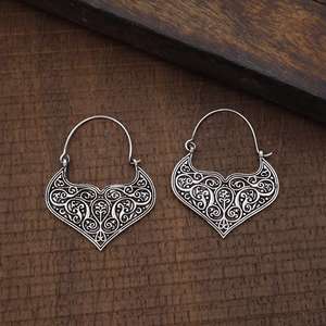 Boucles d'oreilles créoles filigranes ethniques en argent sterling pour femmes, cadeau tendance pour les fêtes, bijoux ethniques en gros - Product Image 2