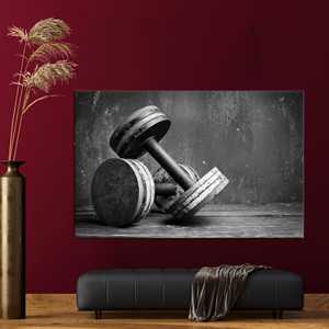 Toile d'haltères noir et blanc : Impression décorative motivante pour la salle de sport, toile encadrée - Product Image 1