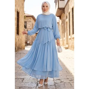 Vestido de Gasa Azul Bebé con Detalle de Volantes Asimétricos, Silueta en A Modesta con Cintura Imperio - Product Image 1