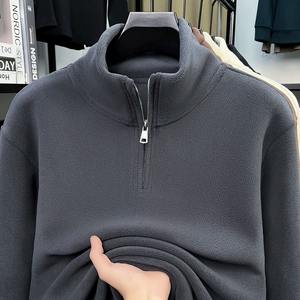 Nouveau sweat à capuche en jersey à col rond et demi-zip à carreaux pour homme, automne/hiver 2025, avec velours, polyvalent, chaud et épais - Product Image 3