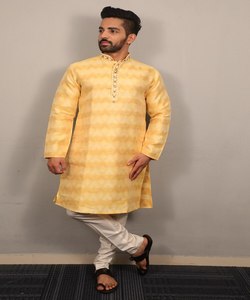 Ensemble Kurta Pathani pour homme avec col boutonné et chaîne en tissu de coton Khadi - Product Image 1