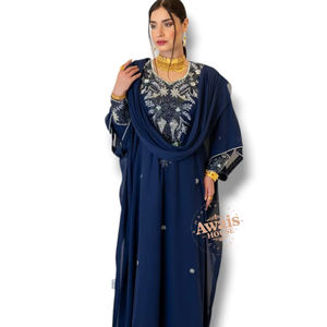 Abaya en satin de soie modeste en gros à Dubaï, manches longues, longueur au sol, broderie, vêtements islamiques, robe pour femmes, couleur contrastée droite - Product Image 1