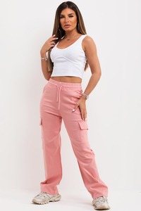 2025 New Design Fashionable High Waist Pink Color Drawstring Waistband Utility Cargo <b>Trousers</b> Denim Pants for Women's - Product Image 2