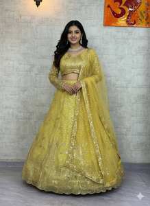 Lahenga Choli Dupatta de Malla Suave Premium con Bordado de Lentejuelas, Cancan, Tela de Lona, Estilo Holgado, Natural, Vintage, Liso, Otoño - Product Image 3