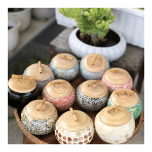 Mother of <b>Pearl</b> Bamboo Jar hand finished bamboo shell mosaic container for wedding favors gifts and shelf display Vietnam - Product Image 1