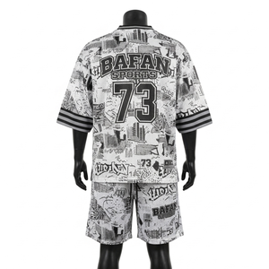 Ensemble maillot et short de football pour hommes 240g Premium 100% coton maille blanc noir imprimé personnalisé été respirant séchage rapide - Product Image 3
