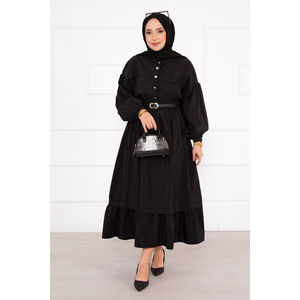Ensemble hijab à jupe avec détails côtelés noirs en tissu crêpe - Product Image 3