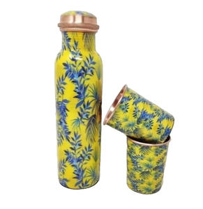 Vente en gros de bouteilles d'eau de gymnastique en cuivre imprimé, design martelé, verres en verre et plastique Avantages ayurvédiques - Product Image 1