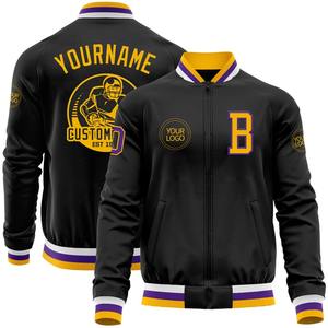 Custom <b>Black</b> Gold-Purple Bomber Varsity Letterman Zipper Jacket Windbreaker Streetwear Vintage <b>Men's</b> Varsity Jacket - Product Image 1