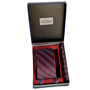 Burgundy <b>Navy</b> White Striped Jacquard Woven <b>Tie</b> Pocket Square Cufflink Set in Gift Box - Product Image 3