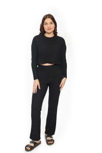 ชุดผ้าแจ็คการ์ดแบบถักสำหรับผู้หญิงเสื้อทรงครอปกางเกงขายาวทรงบานมีสไตล์ลำลองเครื่องแต่งกายสองชิ้นคอกลมแบบพรีเมี่ยม - Product Image 3