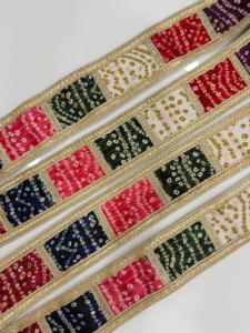 Multicolor Bandhani Patchwork Embroidered Lace <strong>Border</strong> with Golden Zari Work Bandhani patchwork lace <strong>border</strong> featuring vibrant - Product Image 3