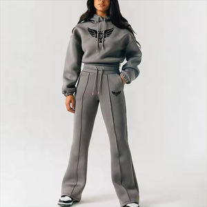 Customize Logo <b>Women</b> Sweatsuit Pullover Crop Hoodie and <b>Straight</b> <b>Leg</b> Pant <b>Jogger</b> Tracksuits Set in Fleece - Product Image 1