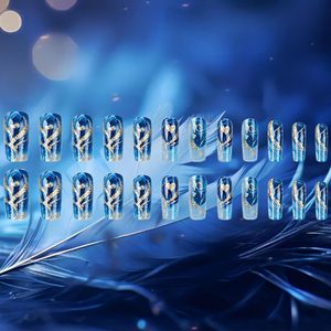 24 <span class=keywords><strong>Uñas</strong></span> Postizas Doradas con Línea Curva, Acrílicas Brillantes con Degradado Azul, Forma Cuadrada Mediana, Venta al Por Mayor - Product Image 5