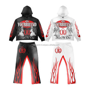 Logotipo personalizado Lavado ácido Jogger Flare Pantalones de chándal Cremallera Sudadera con capucha Hombres Lavado ácido Traje de sudor - Product Image 1