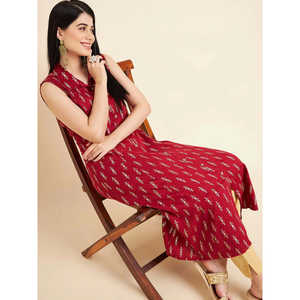 Kurta décontractée pour femme, coupe trapèze, sans manches, imprimé floral, en coton bordeaux, taille unique, taille naturelle, respirante, design ODM pour le quotidien - Product Image 1