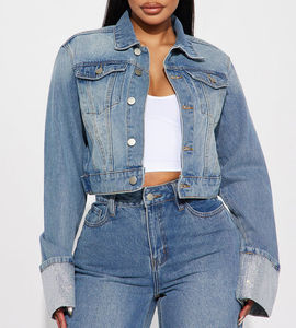 Vestes en jean bleues à manches longues pour femmes, grande taille, avec doublure en coton, quantité en gros disponible - Product Image 1