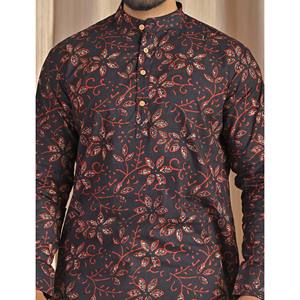 <b>Men's</b> Casual <b>Black</b> Cotton Printed Short <b>Kurta</b> with Full Sleeves - Product Image 2