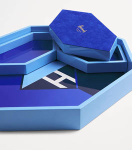 Nouveau Design Hexagone Bleu Laque Plateau De Service Avec Poignée Peint À La Main Brillant Plateau Décoratif Pour Cadeau & Affichage - Product Image 4