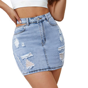 Minifalda estilo Y2K de verano para mujer, cintura recortada, rasgada, de mezclilla, patrón sólido, silueta recta para mujer para otoño y primavera - Product Image 6