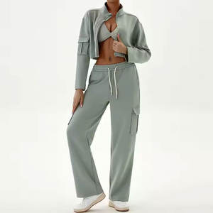 Custom Solid Short Gym Wear Half Zip Pullover Tracksuit Jogging <b>Crop</b> <b>Top</b> Windbreaker Jacket Bra Pants Set Women One Set 2026 - Product Image 4