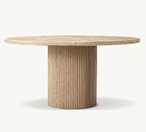 Table à manger ronde de luxe moderne pour salon, base en bois de chêne, plateau en pierre - Product Image 2